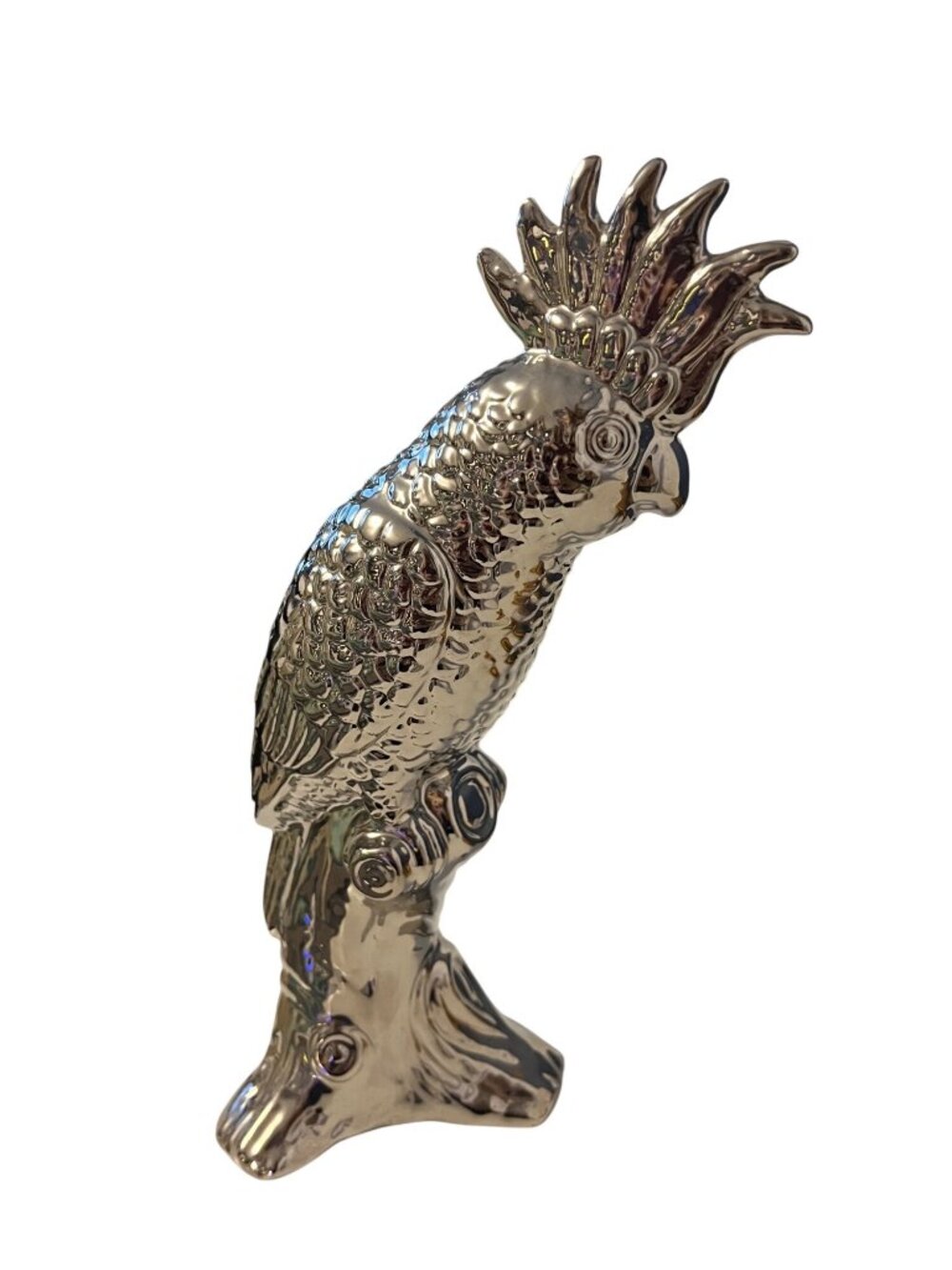 Silver Tone Cockatoo Figurine Parrot Statue Modern Decor 10 Inch